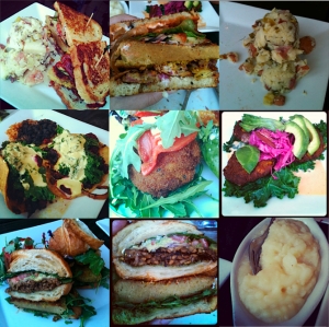 SAGE BISTRO! Top Row: Bistro Po' Boy with German Potato Salad, Close up of the Po' Boy, Close up of the Potato Salad. Middle Row: Root Vegetable Tacos, Mac and Cheese Ball, Quinoa Corn Cake. Bottom Row: Pesto Croissant Club Sandwich, Close up of the sandwich, Mashed Potatoes.  Photo credit: SuperVegan. Photo by: Andrea Wachner.