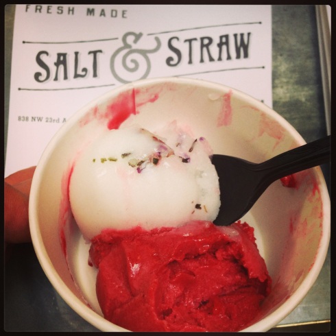 Dandelion sorbet with edible spring flowers and black currant sorbet at Salt & Straw in Portland